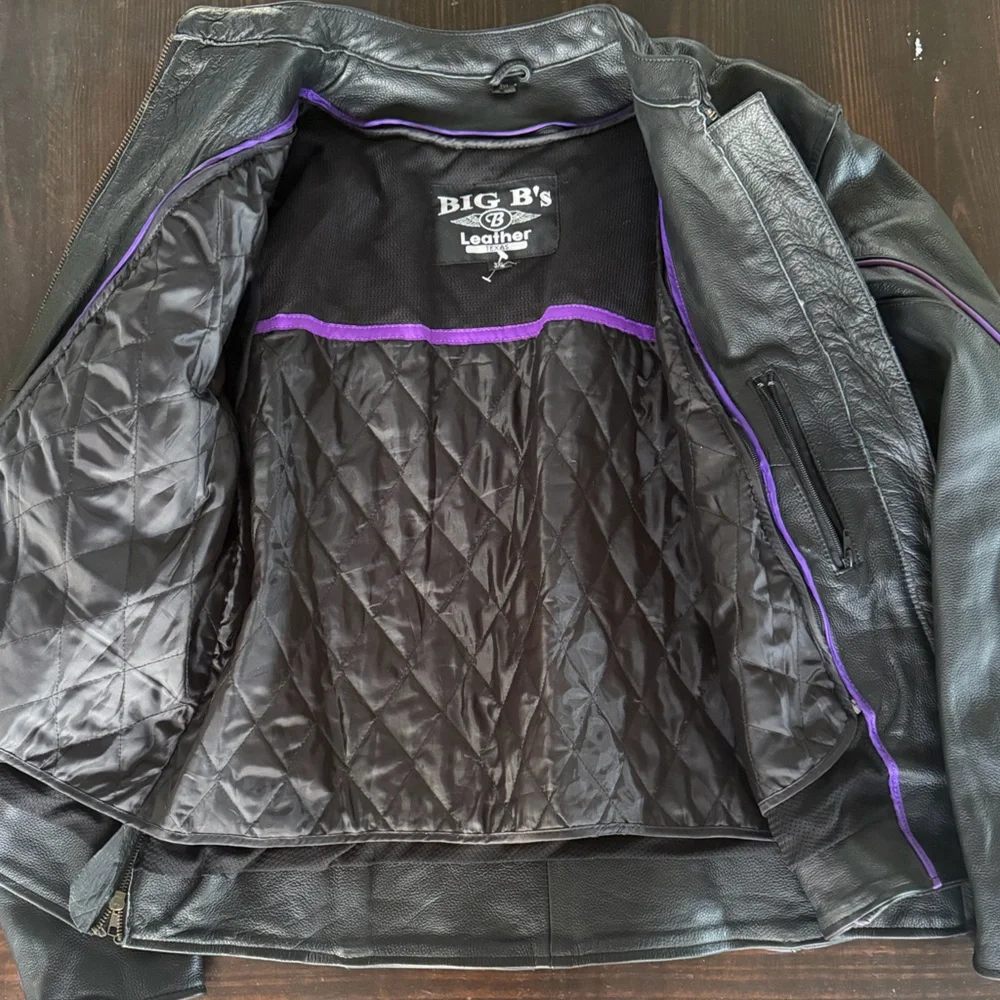 Women's Black Leather Motorcycle Jacket with Purple Embroidered Phoenix